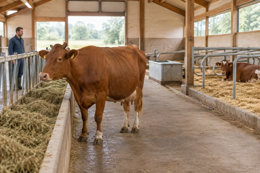 Vache brune près d’un point d’alimentation dans une étable, avec un bac à eau, une zone de couchage et un soigneur derrière la barrière d’alimentation.