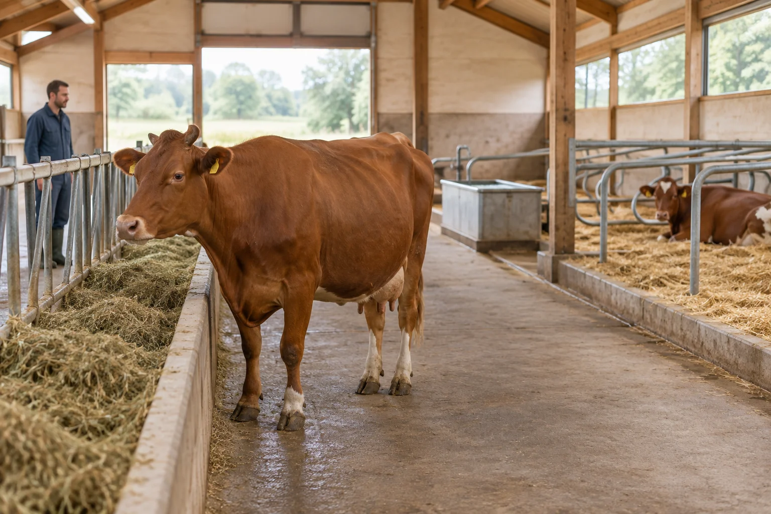 Vache brune près d’un point d’alimentation dans une étable, avec un bac à eau, une zone de couchage et un soigneur derrière la barrière d’alimentation.