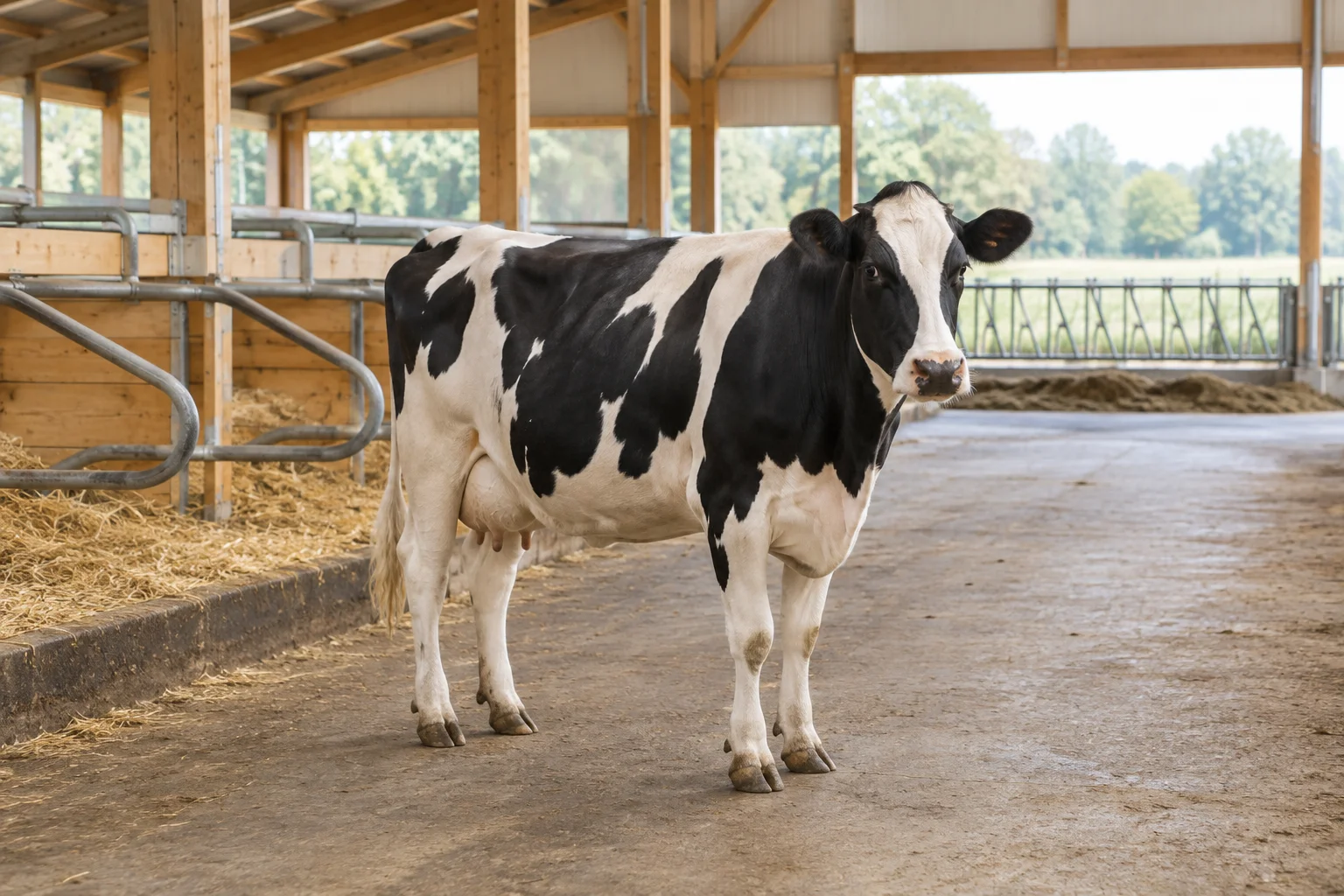 Une vache noire et blanche se tient dans une allée ouverte du bâtiment, à côté d’espaces de couchage couverts de paille.