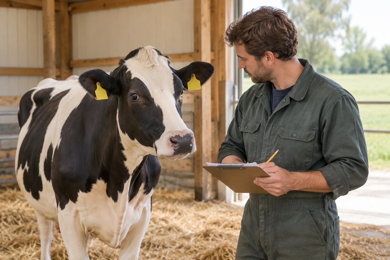 Illustration d’une vache pie noire portant des boucles auriculaires jaunes, à côté d’un éleveur qui prend des notes sur un porte bloc dans une étable.