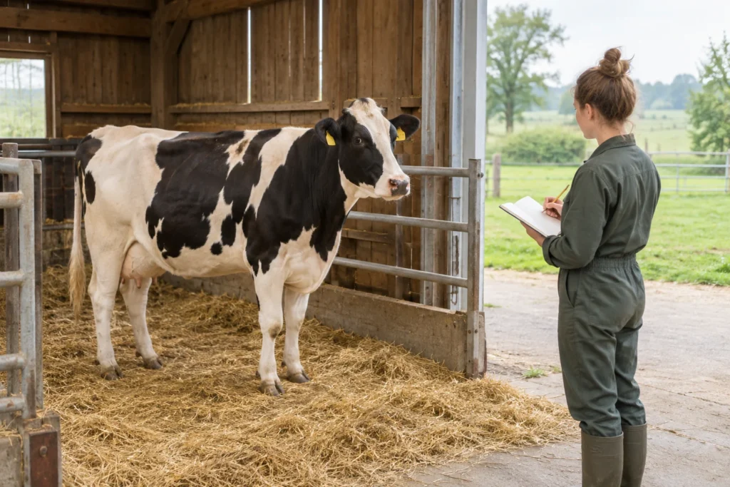 Une vache noire et blanche se tient dans une étable tandis qu’un employé, de l’autre côté de la barrière, la regarde avec un carnet ouvert.