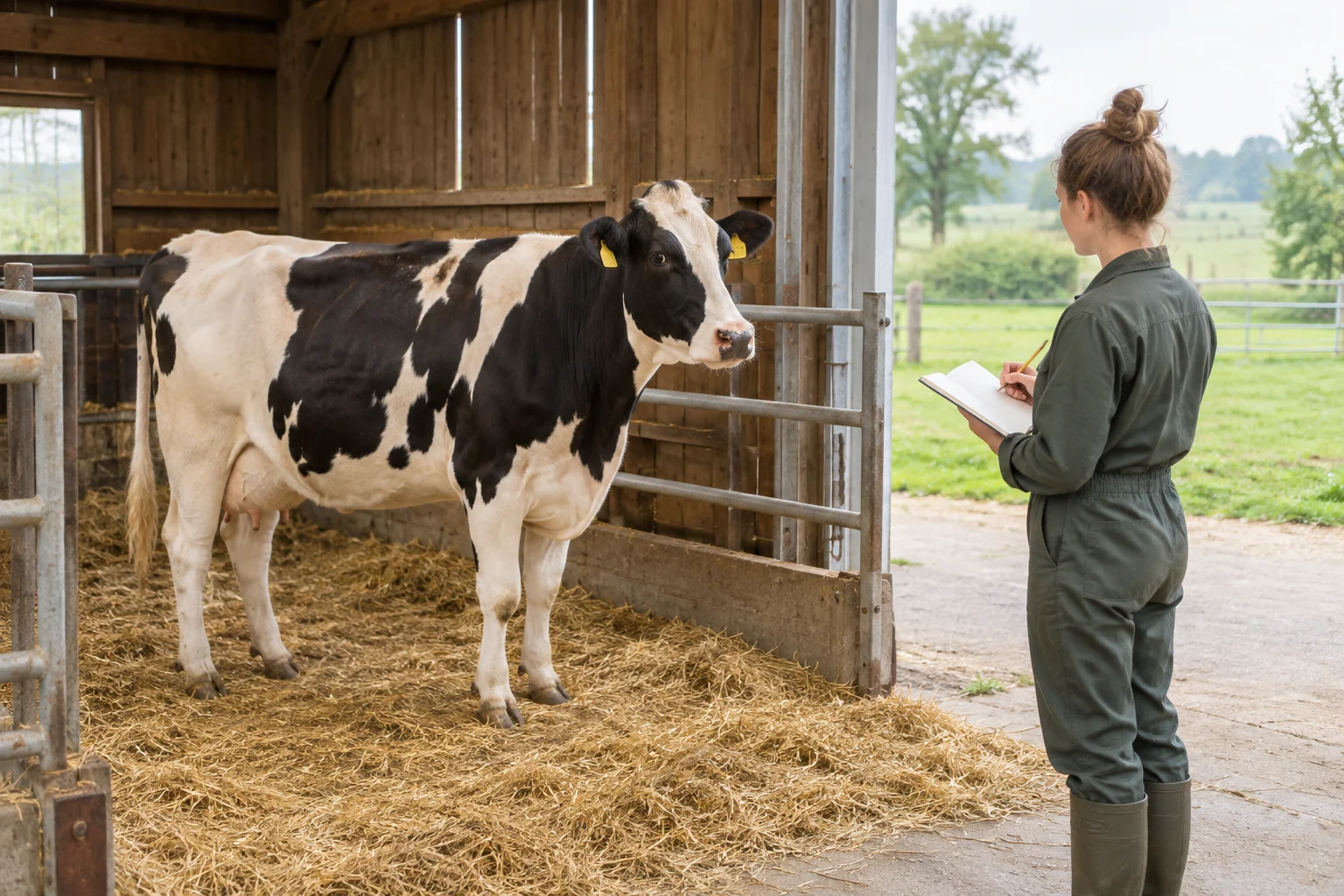 Une vache noire et blanche se tient dans une étable tandis qu’un employé, de l’autre côté de la barrière, la regarde avec un carnet ouvert.