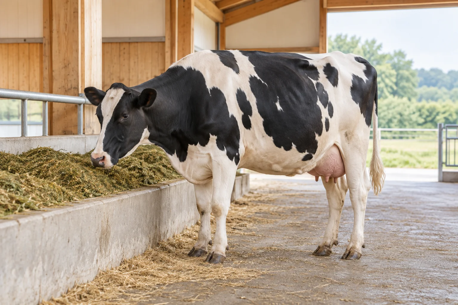 Une vache laitière noire et blanche se tient dans une étable lumineuse, la tête près des aliments dans une mangeoire.