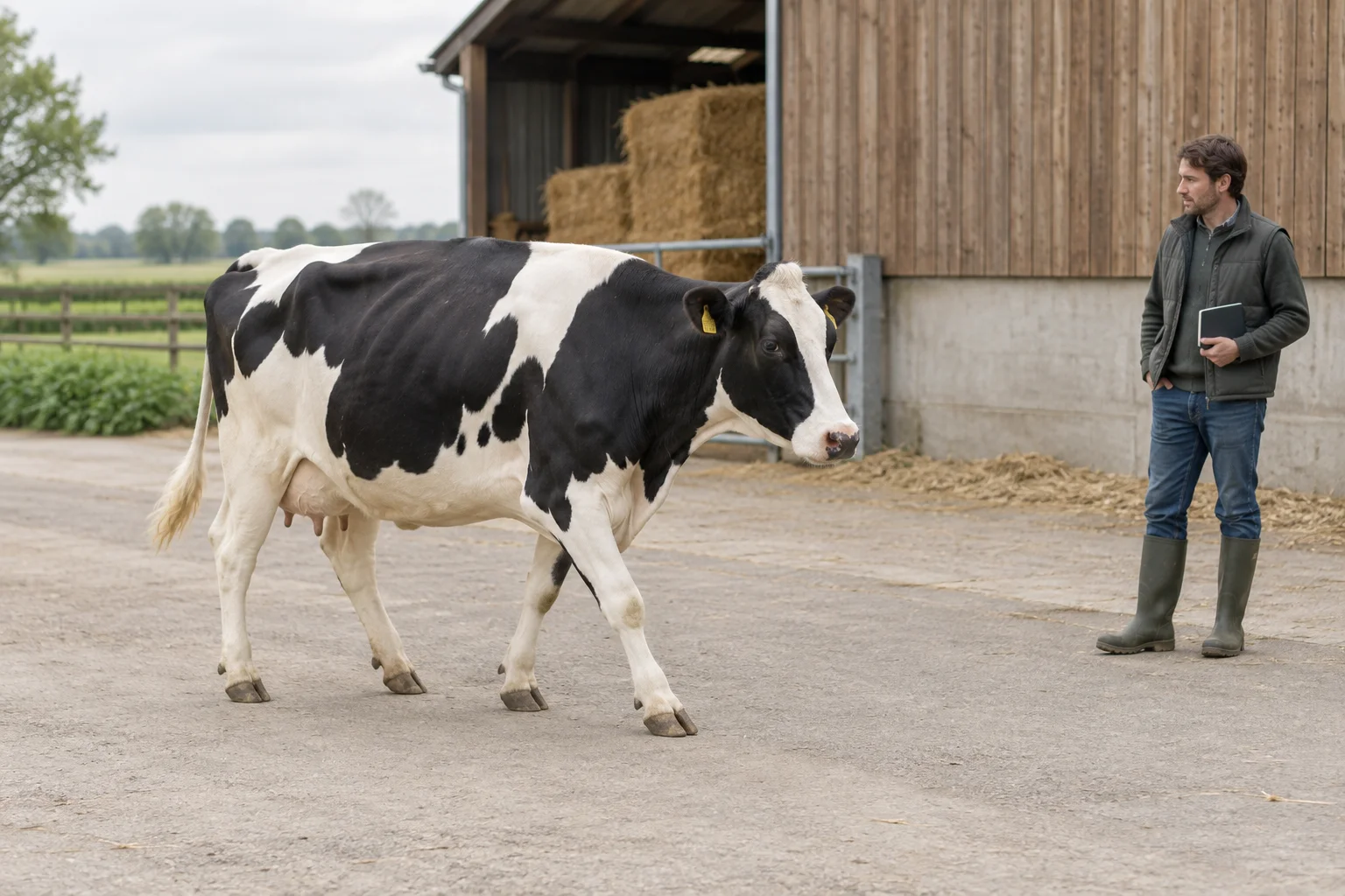 Une vache pie noire traverse une cour tandis qu’un éleveur l’observe à distance, un carnet fermé à la main.