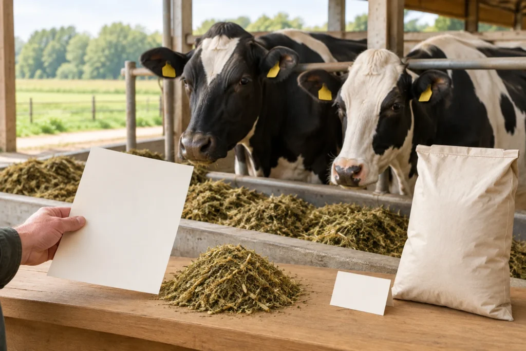 Deux bovins noirs et blancs près d’un couloir d’alimentation, avec du fourrage, une feuille de papier vierge et un sac sans inscription au premier plan.