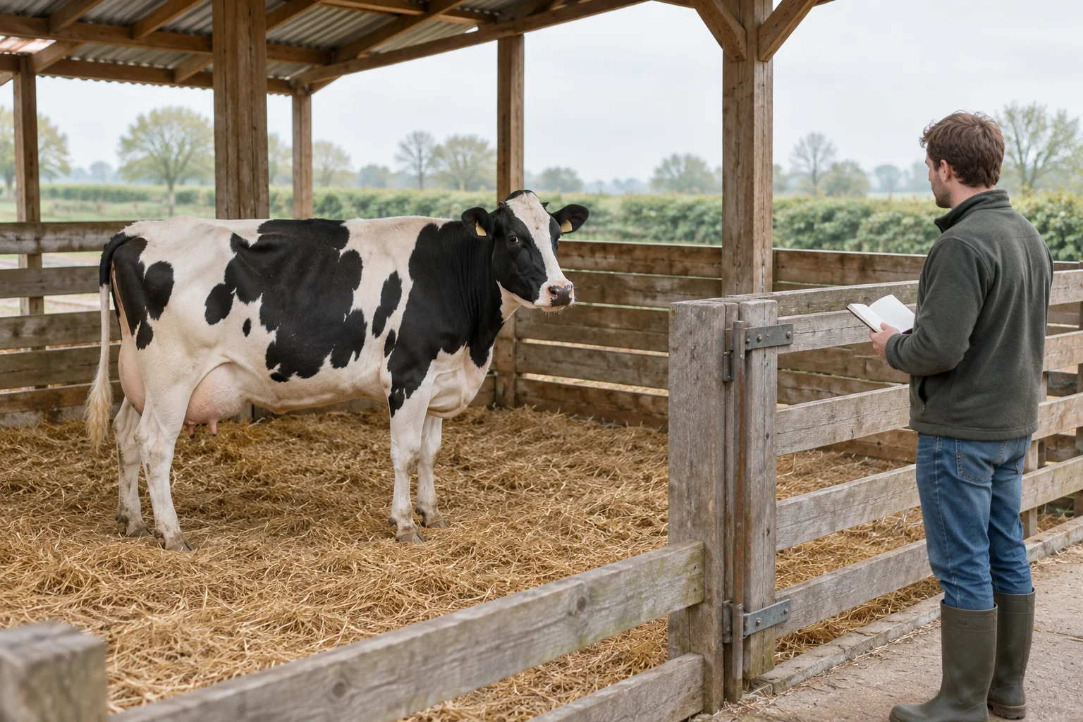Une vache noire et blanche se tient sur de la paille dans un bâtiment d’élevage, tandis qu’une personne, de l’autre côté de la barrière, la regarde avec un carnet ouvert.