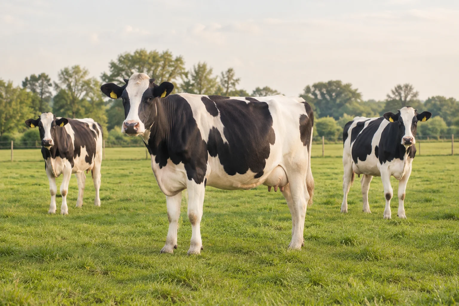 Trois vaches noires et blanches se tiennent dans une prairie verte, avec des arbres en arrière plan.