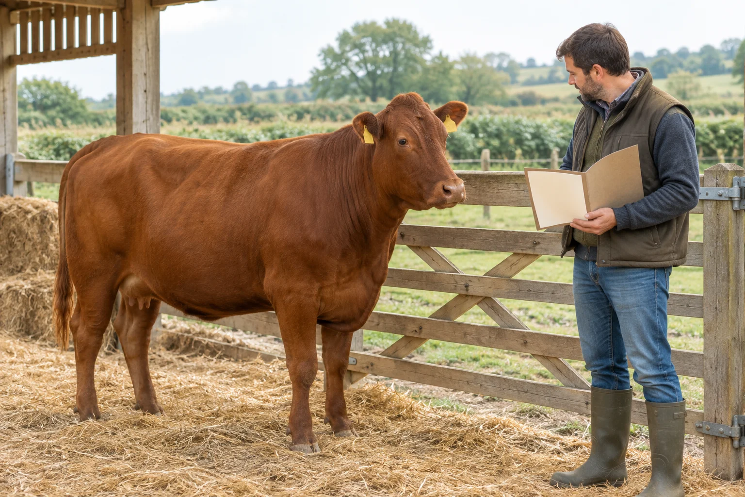 Une vache brune se tient près d’une clôture en bois tandis qu’un homme tient un dossier ouvert contenant une feuille vierge.