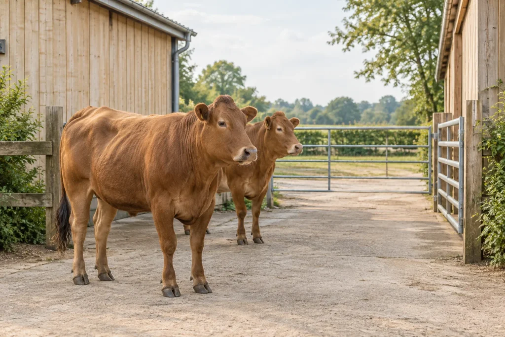 Deux bovins bruns se trouvent dans une cour, entre des hangars en bois et des barrières métalliques.