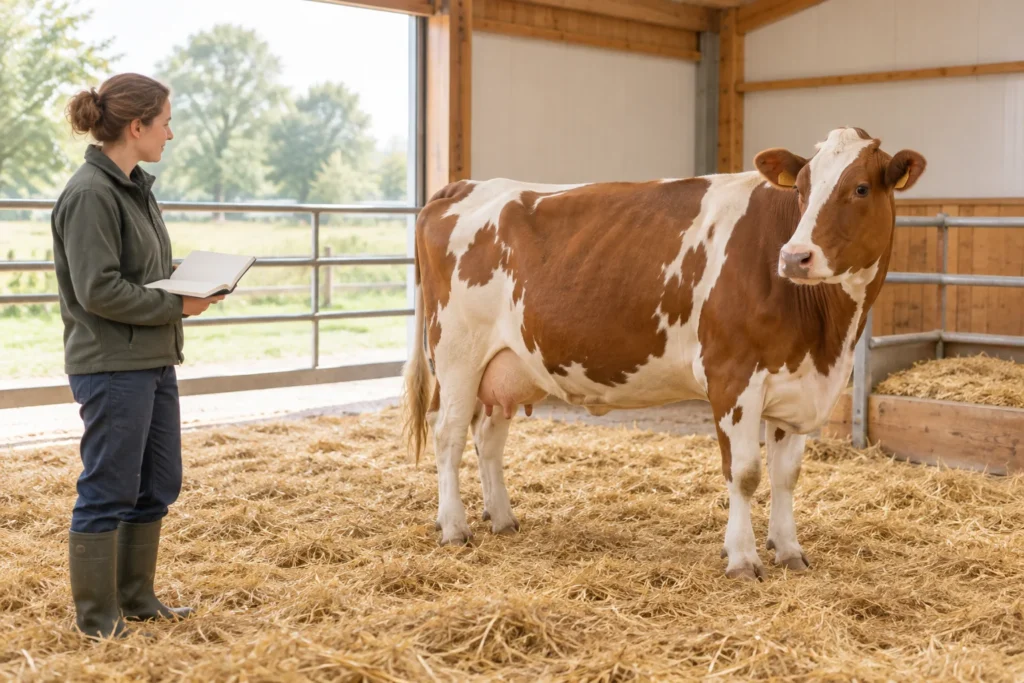 Une vache brune et blanche se tient sur de la paille dans une étable, tandis qu’une femme se tient à côté d’elle avec un carnet ouvert.