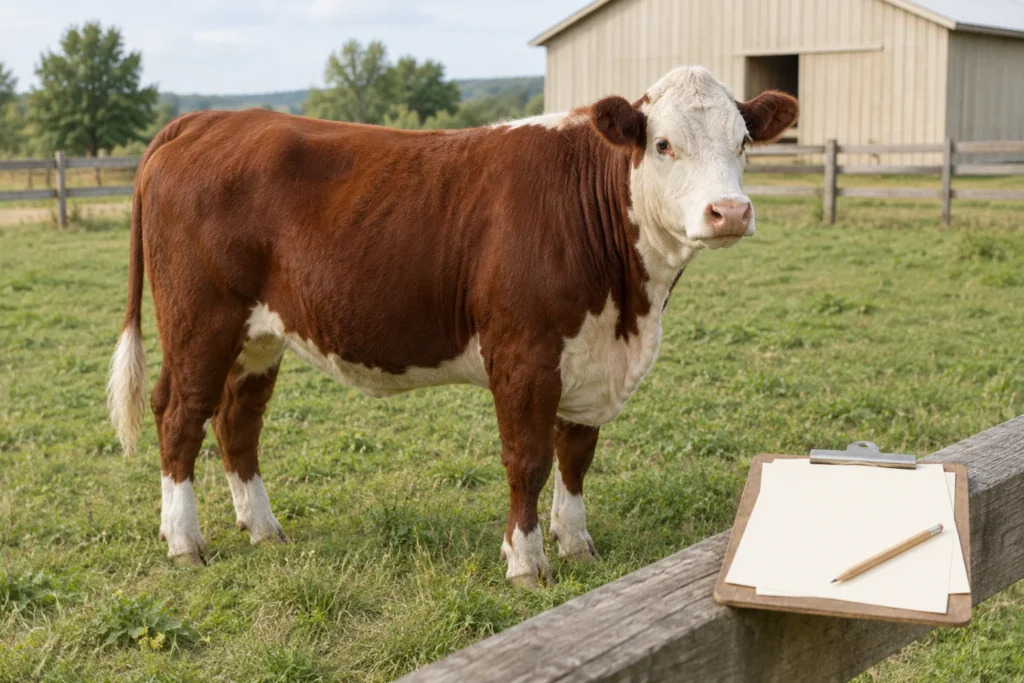 Un bovin roux à tête blanche se tient dans une prairie. Un porte bloc avec une feuille vierge et un crayon sont posés sur la clôture en bois.