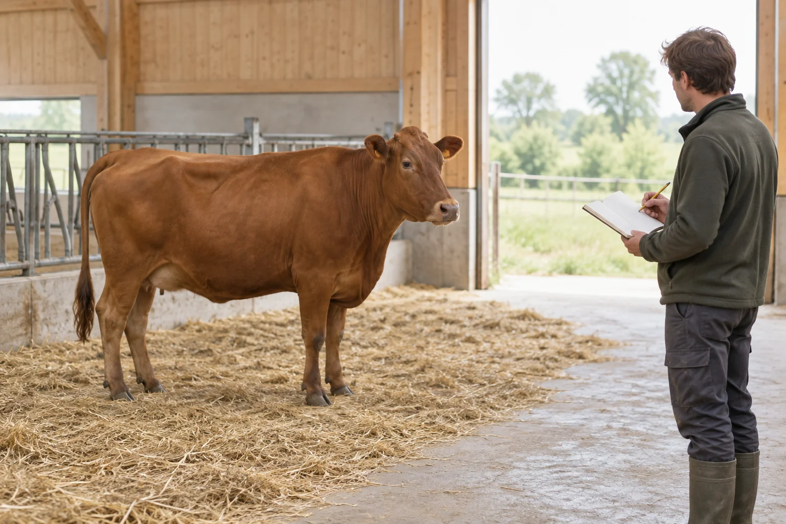 Une vache brune se tient sur de la paille dans un bâtiment d’élevage, tandis qu’un éleveur l’observe à distance avec un carnet ouvert.