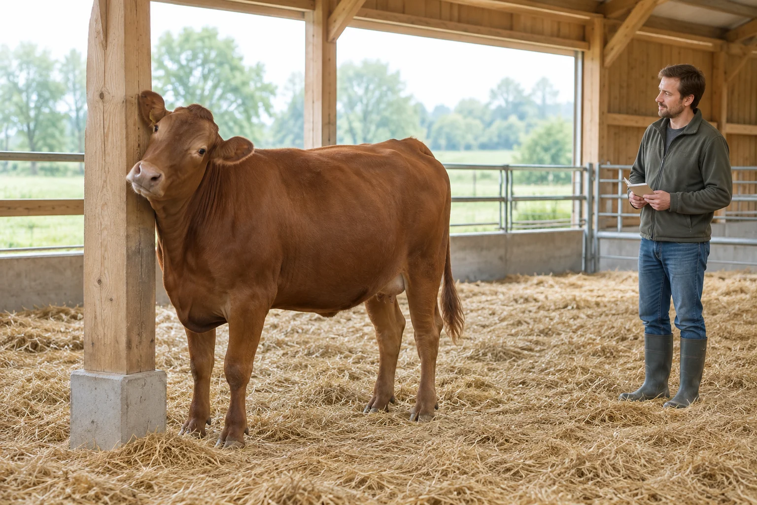 Une vache brune se frotte la tête contre un poteau en bois dans une étable, tandis qu’un éleveur l’observe avec un carnet.