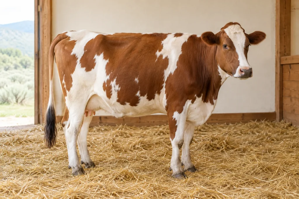 Vache pie rouge avec une longue queue intacte, debout sur de la paille dans une étable.