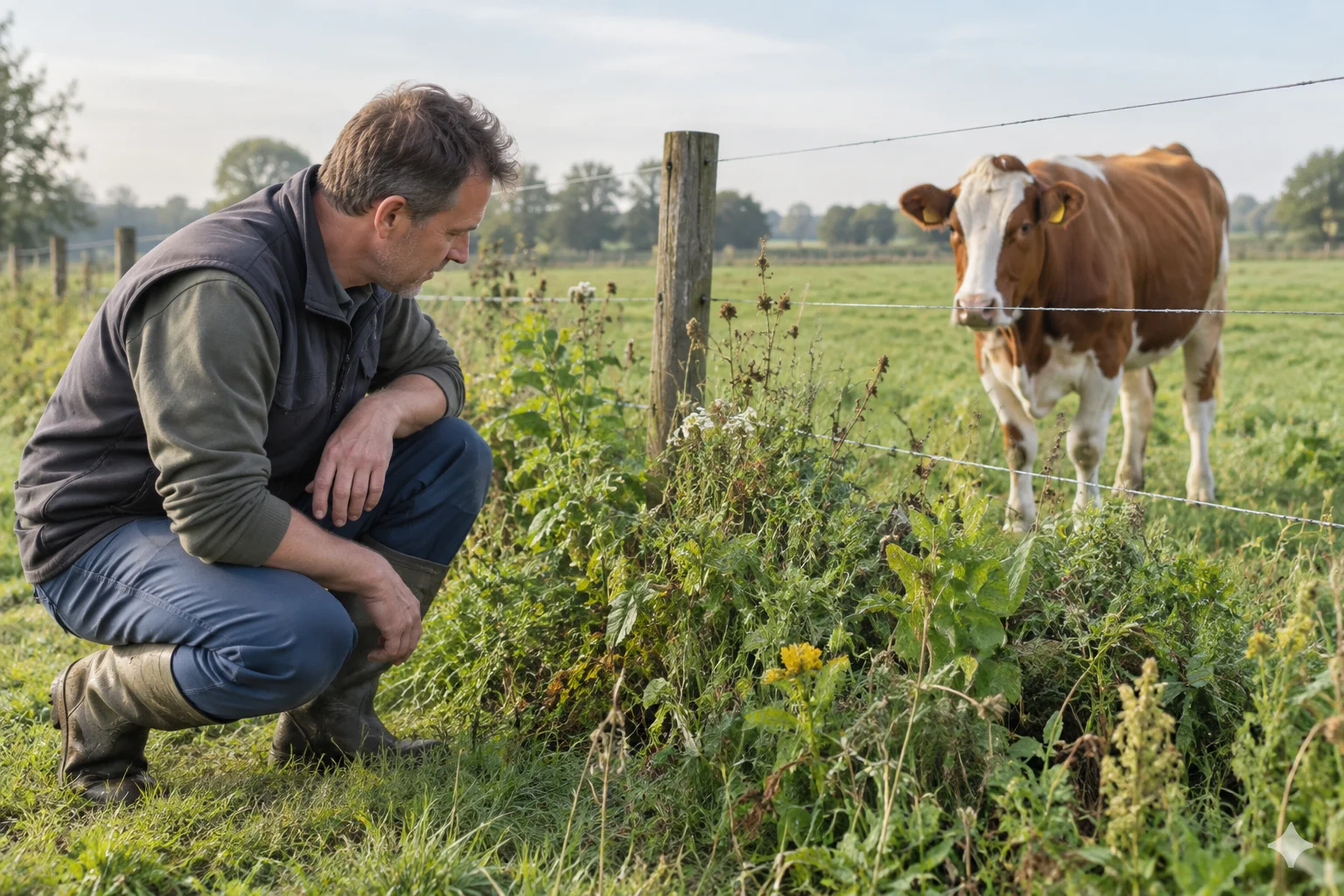 Un agriculteur examine des plantes le long d'une clôture de pâture ; un bovin se tient derrière la clôture.