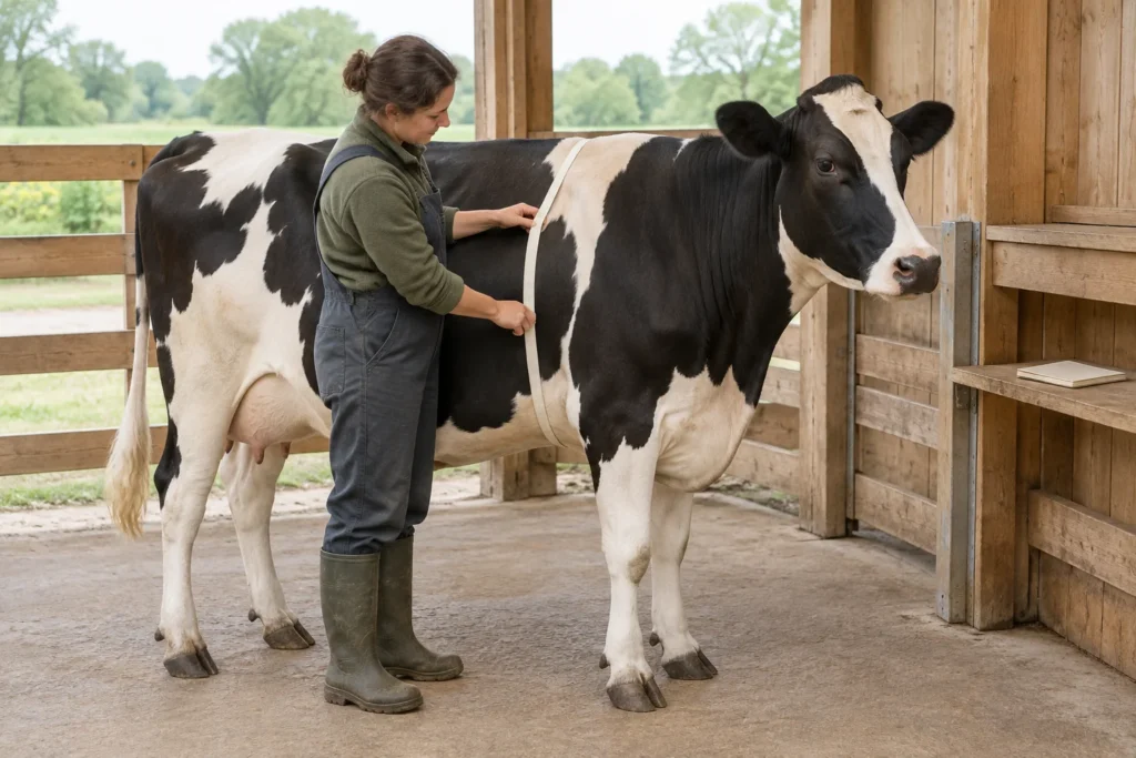 Une personne tient un ruban de mesure autour de la poitrine d’un bovin noir et blanc dans une étable en bois. Un carnet fermé repose sur une planche.