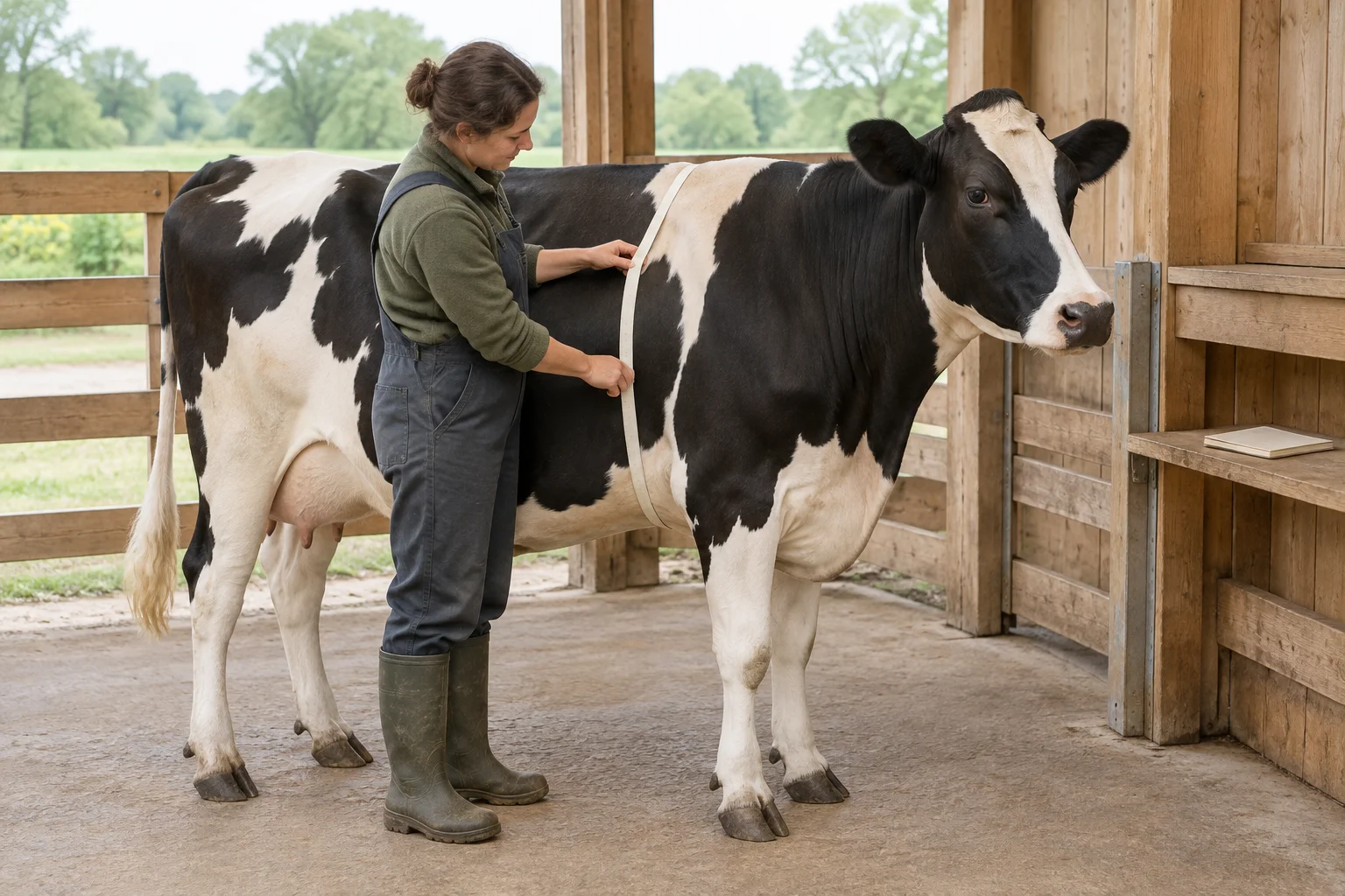 Une personne tient un ruban de mesure autour de la poitrine d’un bovin noir et blanc dans une étable en bois. Un carnet fermé repose sur une planche.