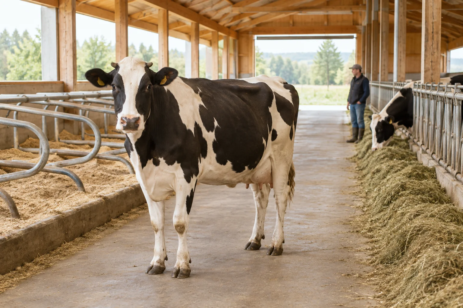 Vache pie noire dans un couloir d’étable, avec des places de repos à gauche, des aliments et des vaches qui mangent à droite, et un soigneur au fond.