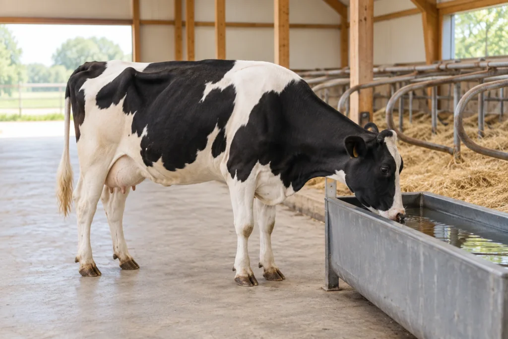 Une vache laitière noire et blanche boit dans un abreuvoir, dans une étable lumineuse, avec des aires de couchage au fond de l’étable.