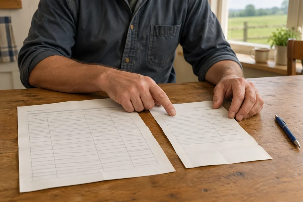 Une personne compare deux documents contenant des tableaux sur une table en bois.