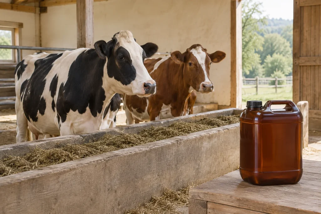 Illustration de deux vaches près d’une mangeoire dans une étable, avec un bidon marron au premier plan.