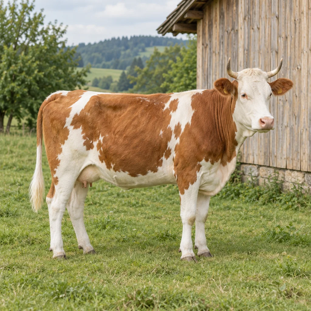 Un bovin roux et blanc à la tête blanche et aux cornes recourbées se tient sur l’herbe à côté d’une grange en bois.