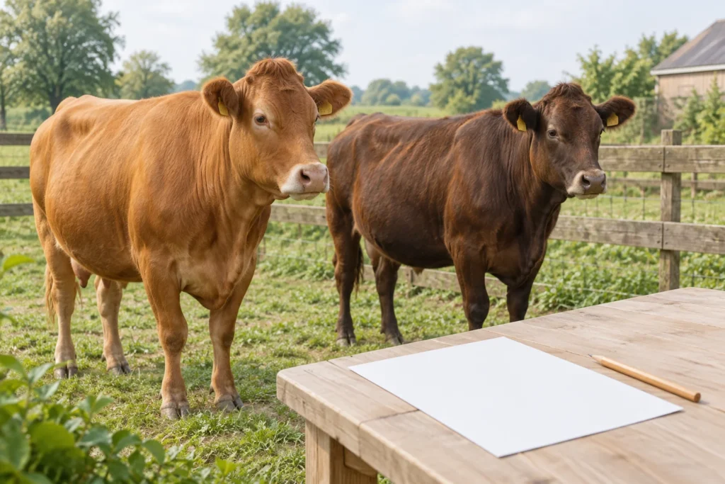 Deux bovins portant des boucles d’oreille se tiennent dans une prairie à côté d’une table sur laquelle se trouvent une feuille de papier vierge et un crayon.