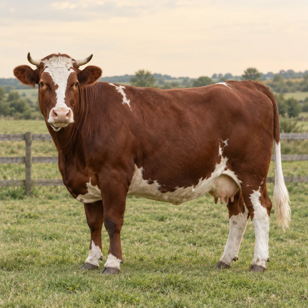 Une vache à robe rouge et blanche, avec des cornes, est visible en entier dans une prairie, avec une clôture en bois en arrière de la scène.