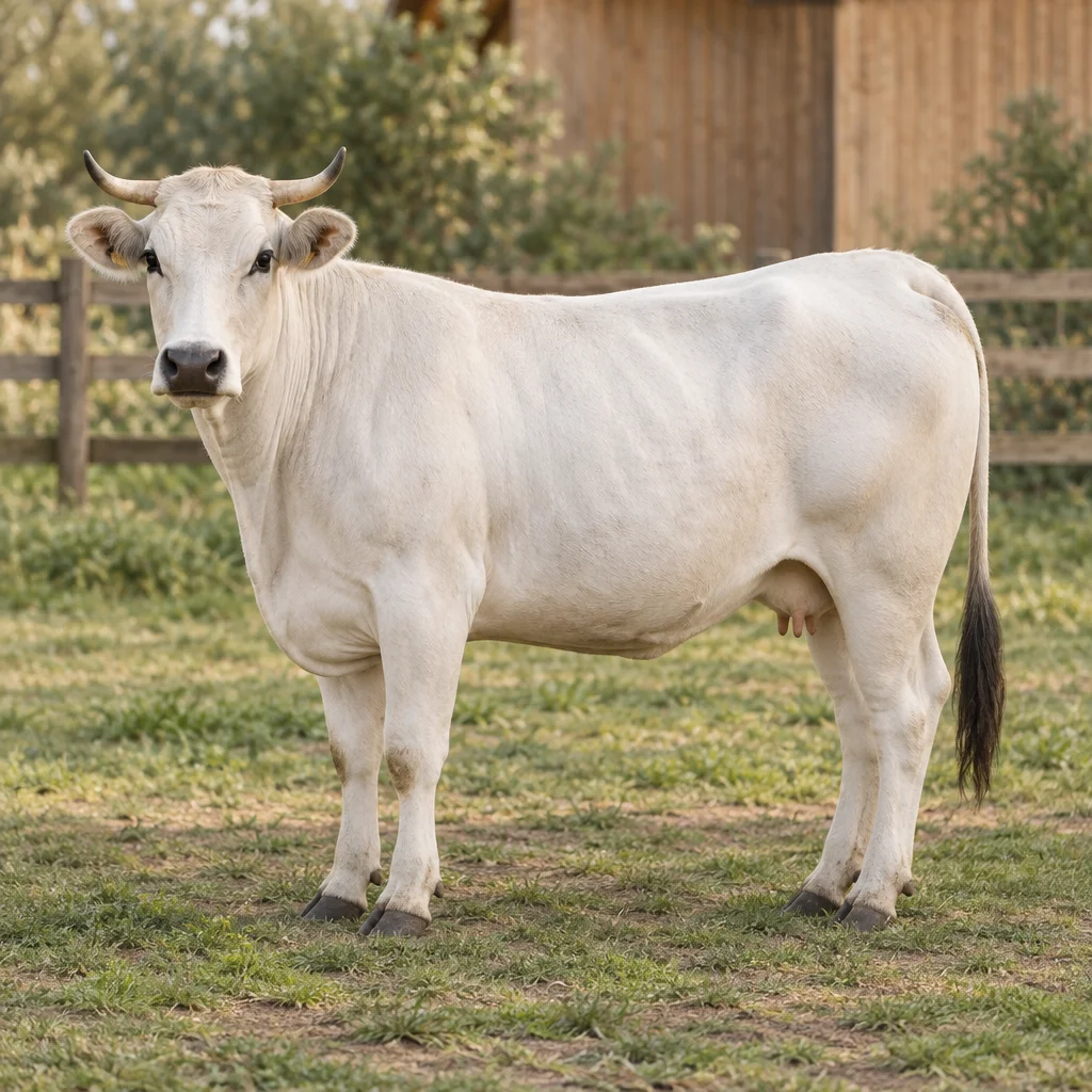 Illustration d’une vache Marchigiana blanche au mufle foncé, avec des cornes et une mamelle visible, dans une prairie clôturée.