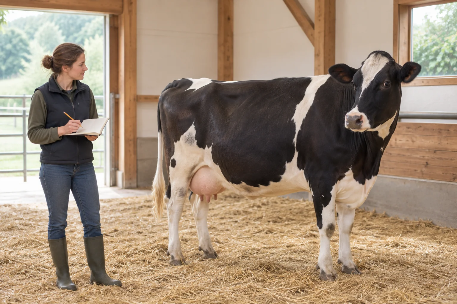 Une vache laitière pie noire se tient dans une étable à côté d’une femme munie d’un carnet ouvert et d’un crayon.
