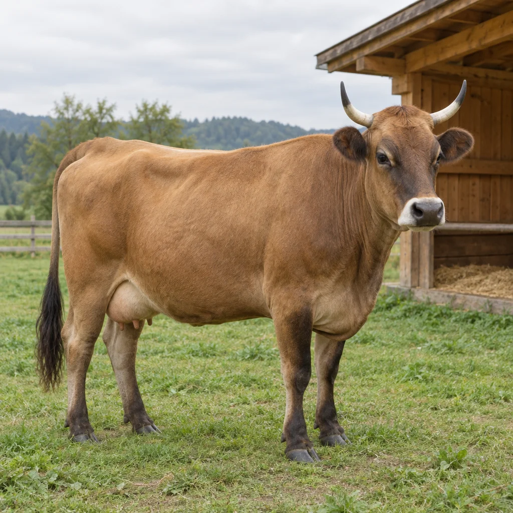 Vache brune aux pattes foncées, avec un toupet de queue foncé et des cornes claires aux pointes foncées, debout dans l’herbe près d’un abri en bois.