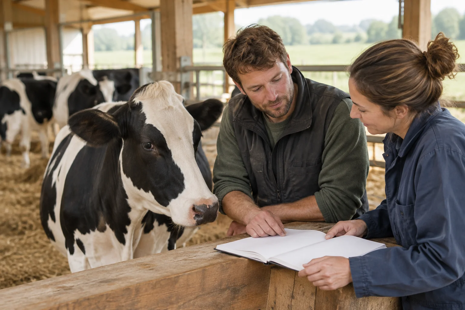 Une vache pie noire se tient à côté de deux personnes qui regardent un carnet ouvert dans une étable.