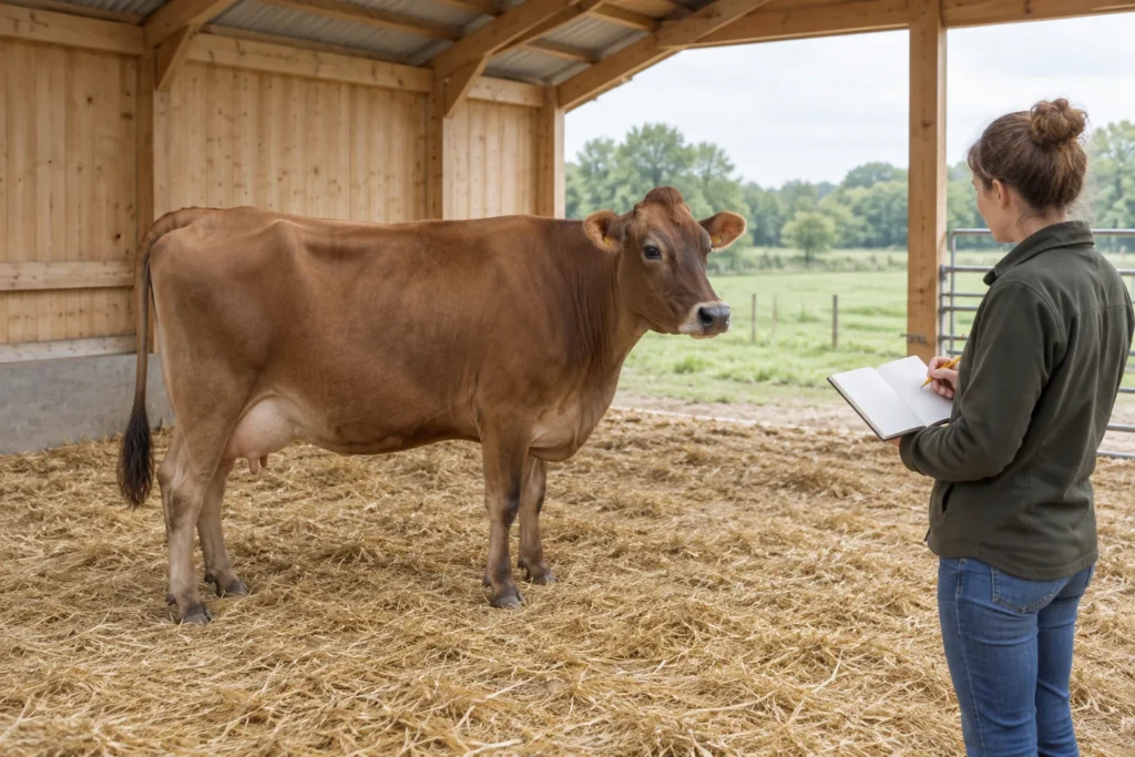 Une vache brune se tient sur de la paille dans une étable ouverte, tandis qu’un éleveur l’observe avec un carnet vierge à la main.