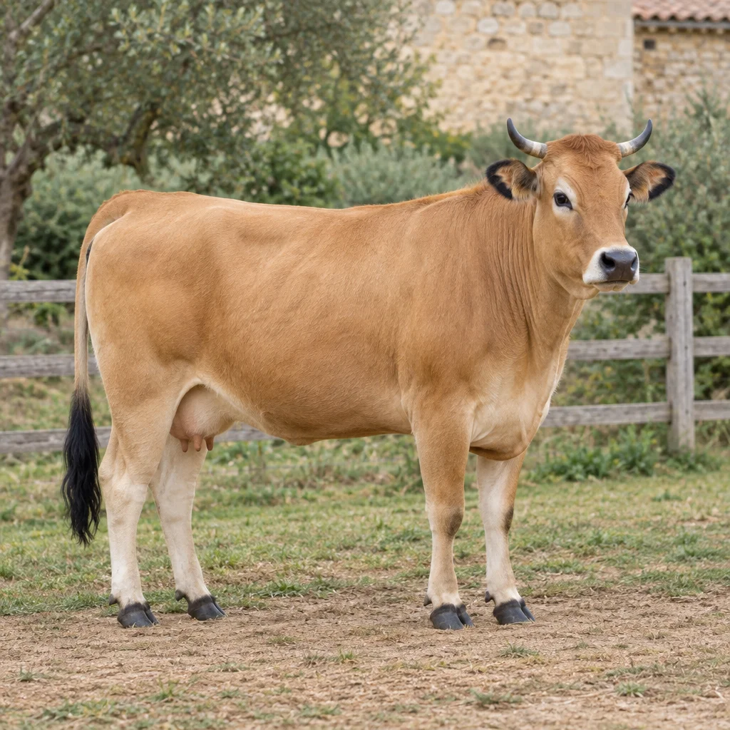 Illustration d’une vache brun clair aux cornes courtes et recourbées, avec un toupet de queue foncé, près d’une clôture en bois.