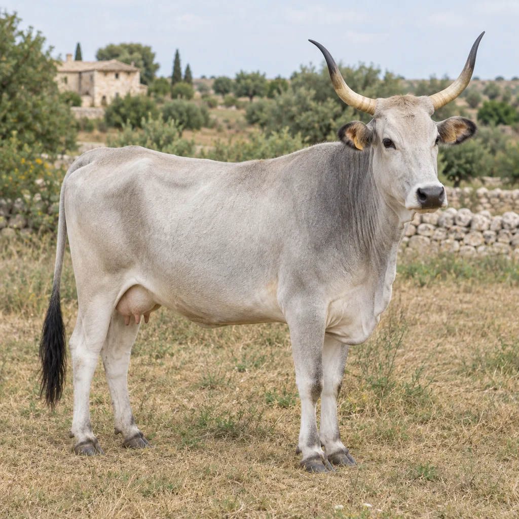 Une vache gris clair aux longues cornes recourbées vers le haut se tient sur de l’herbe sèche devant un mur bas en pierre.