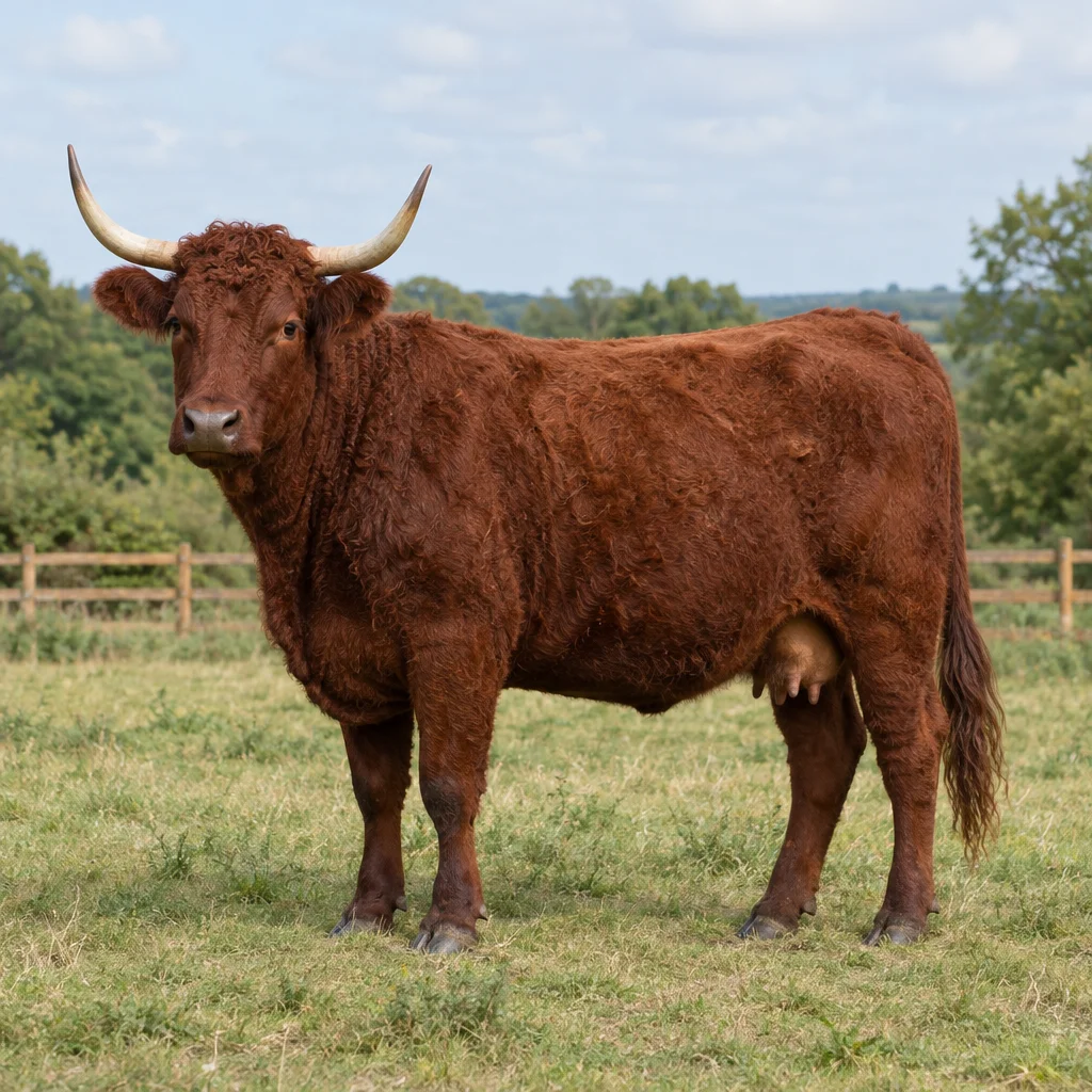 Vache brun roux au pelage frisé et aux cornes recourbées vers le haut, visible en entier sur l’herbe, avec une clôture en fond d’image.