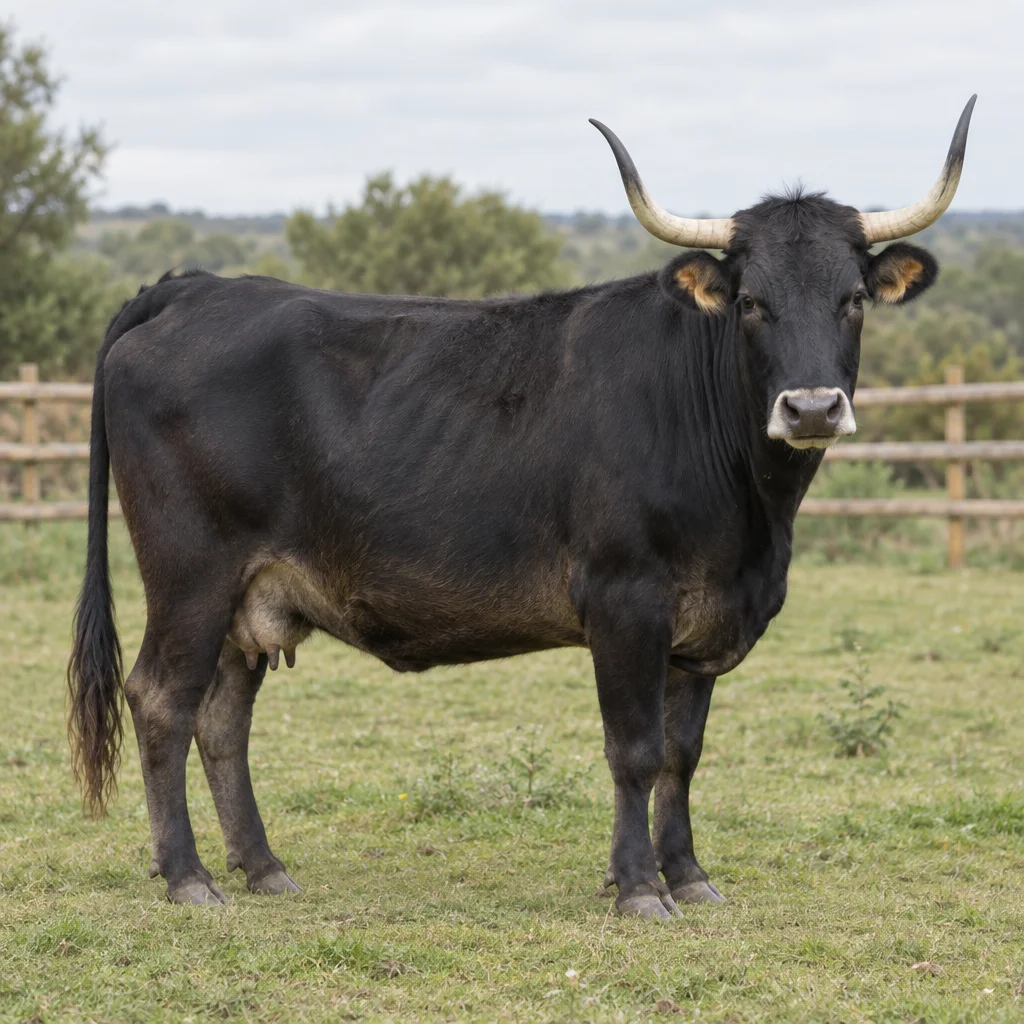 Une vache noire aux longues cornes courbées, visible en entier, se tient sur l'herbe devant une clôture en bois.