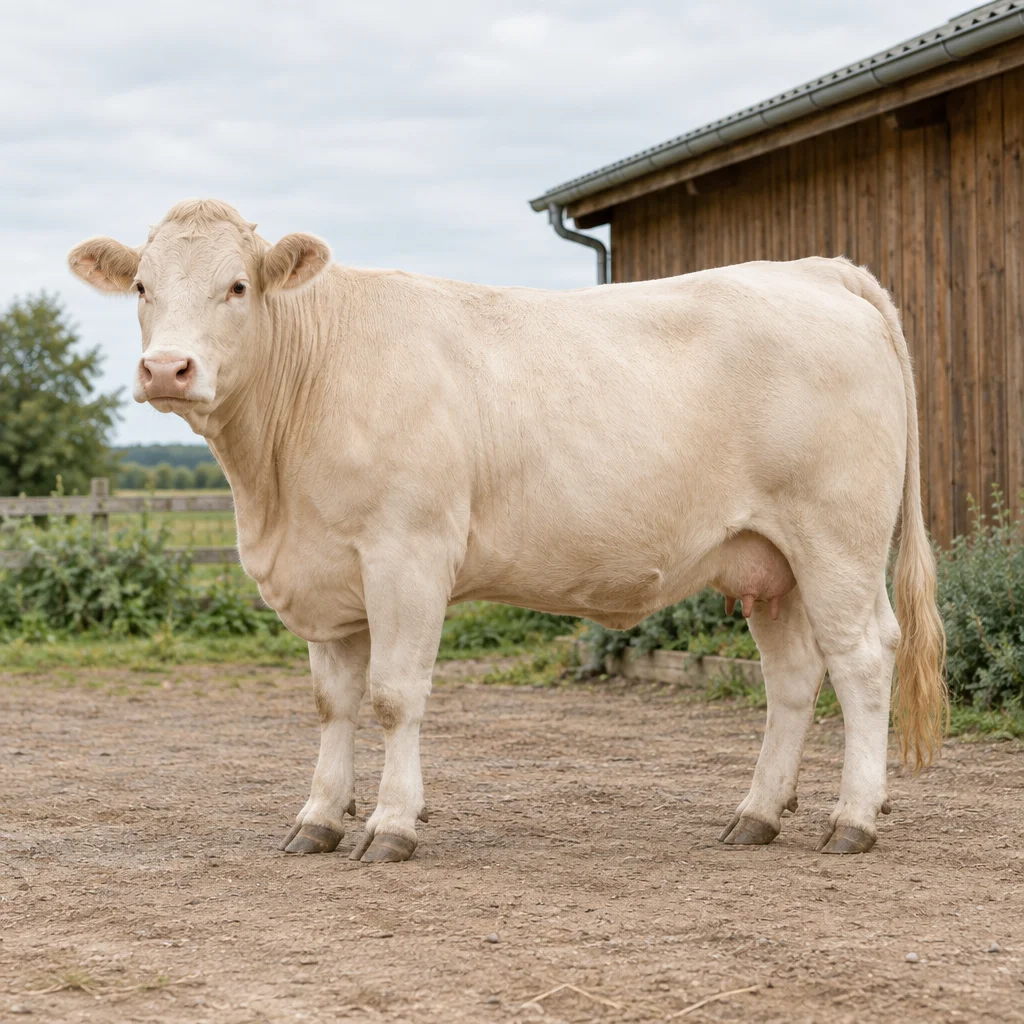 Illustration d’une grande vache couleur crème dans une cour de ferme, près d’une étable en bois.