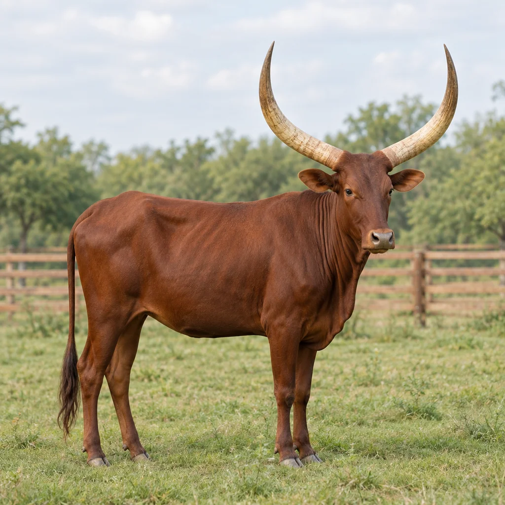 Illustration d’un bovin Watusi brun roux aux grandes cornes recourbées vers le haut, dans une prairie.