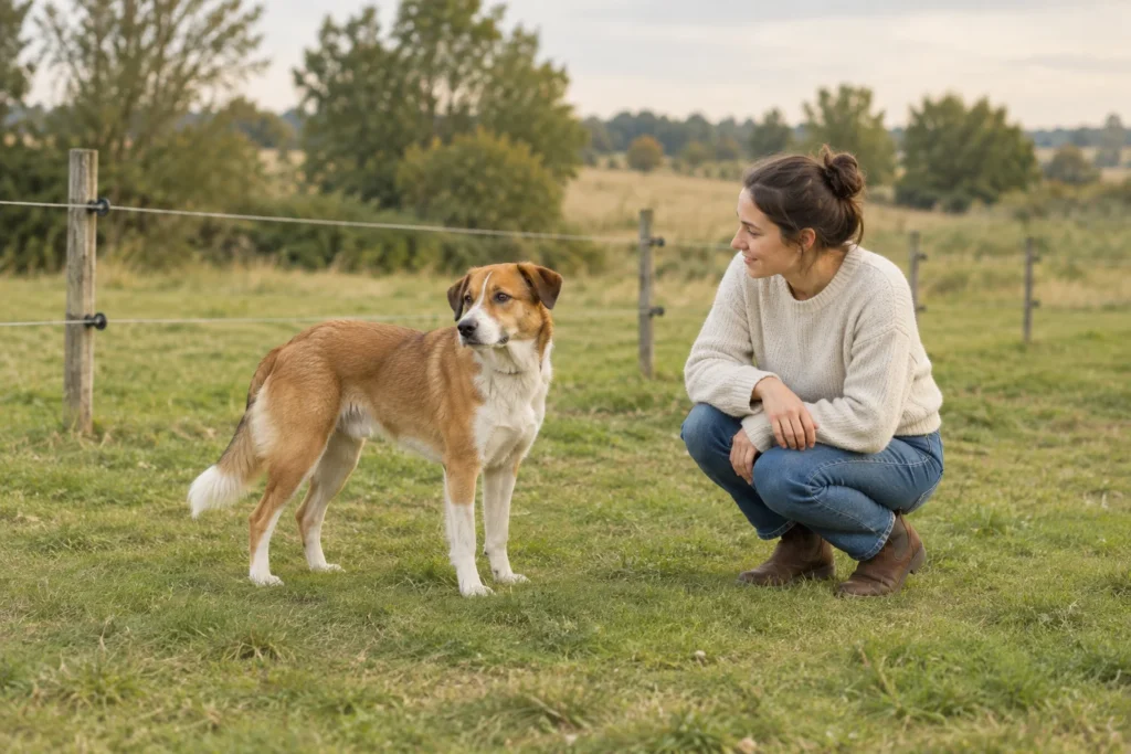 Un chien brun se tient sur l’herbe à côté d’une femme accroupie. Au fond, on voit des poteaux en bois et des fils.