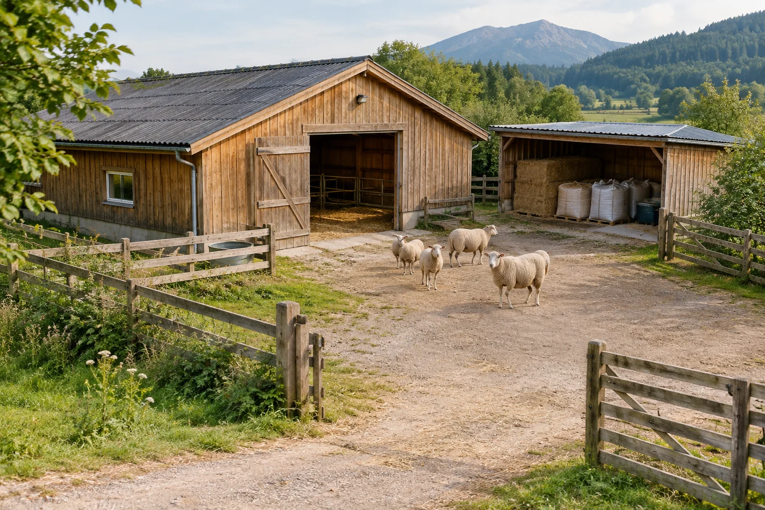 Illustration de moutons dans une exploitation avec des bâtiments en bois et des clôtures, devant un paysage montagneux.
