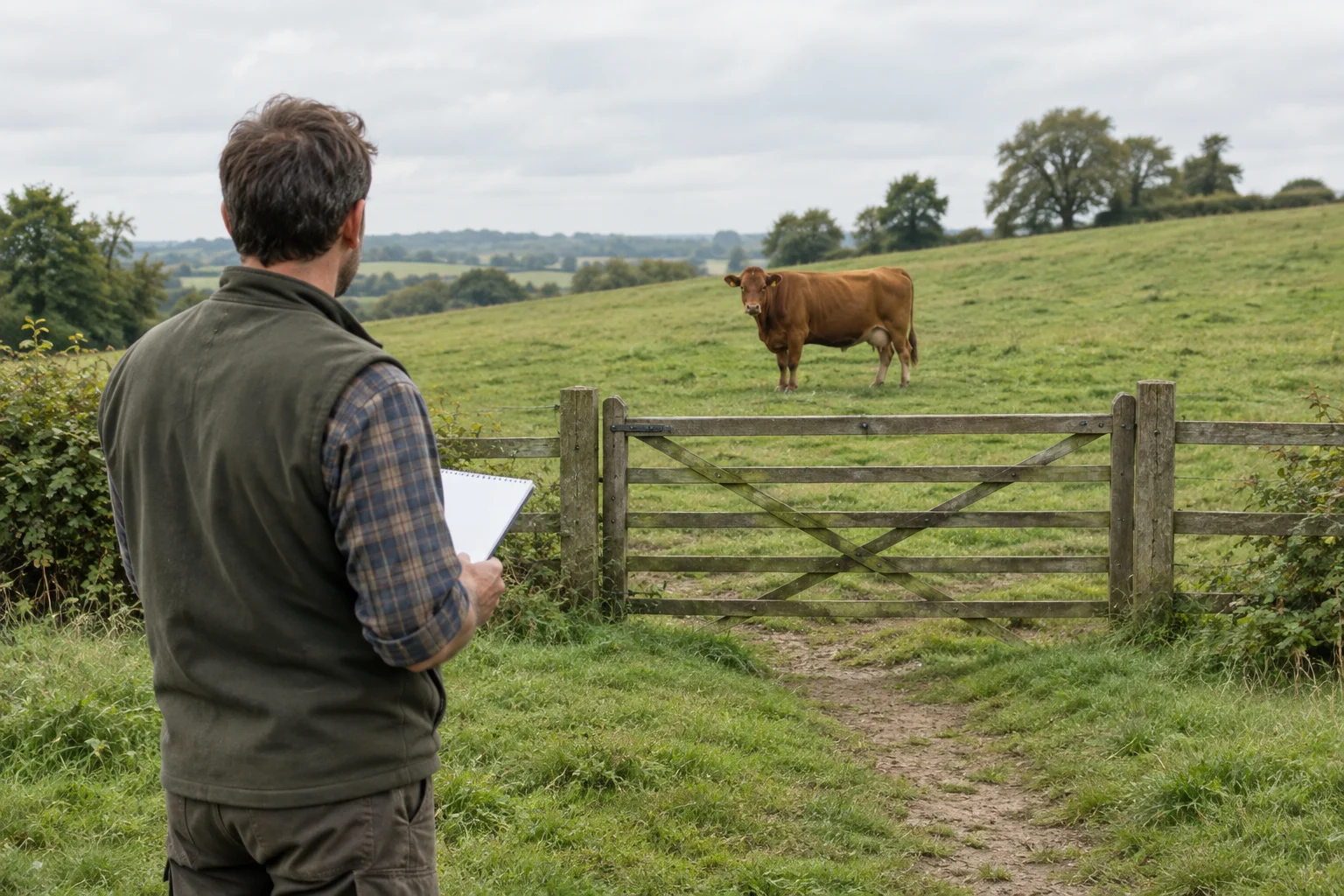Une personne tenant un carnet vierge regarde un bovin brun dans une pâture vallonnée, près d’une clôture en bois.
