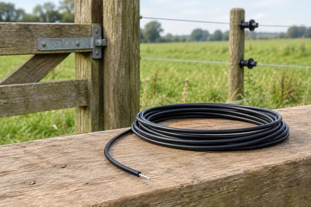 Câble isolé noir pour clôture électrique, enroulé sur une clôture en bois près d’un pré, avec un conducteur métallique visible.