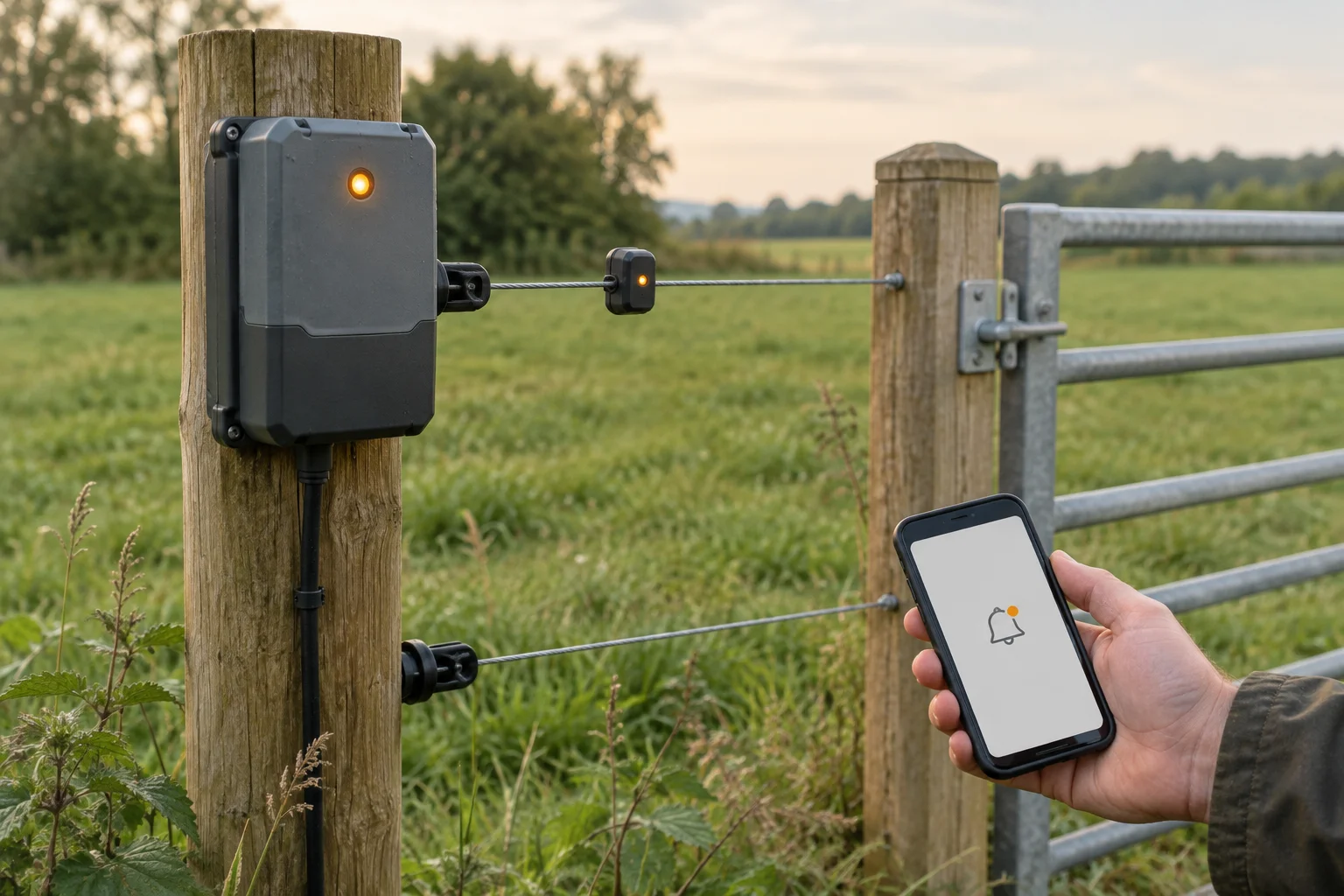 Voyant de contrôle sur une clôture électrique, avec un appareil fixé à un poteau en bois et un téléphone affichant une icône d'alerte.