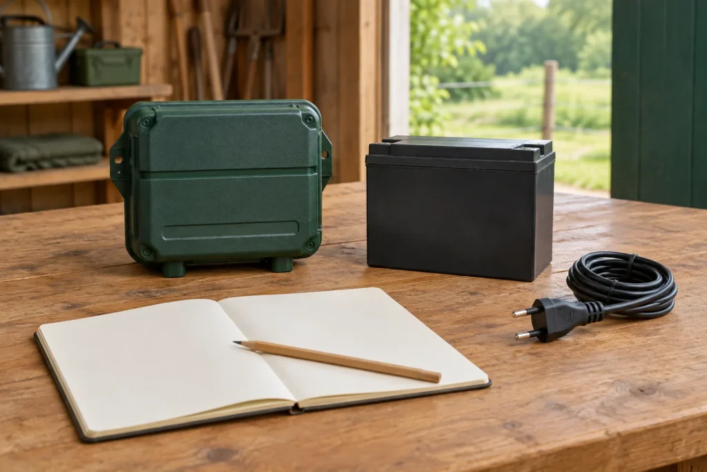 Un appareil vert, une batterie séparée, un câble enroulé avec une fiche et un carnet ouvert aux pages vierges sont posés sur un établi en bois.