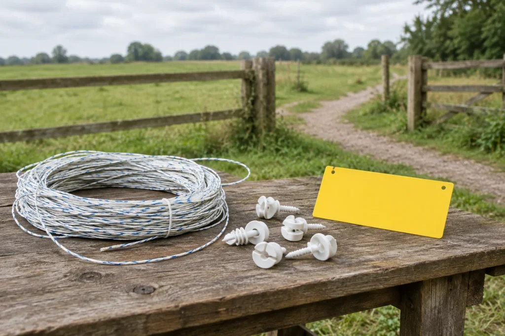 Sur un établi en bois se trouvent un rouleau de corde pour clôture électrique, des isolateurs blancs et un panneau jaune vierge. À l’arrière plan, un chemin longe une clôture en bois.