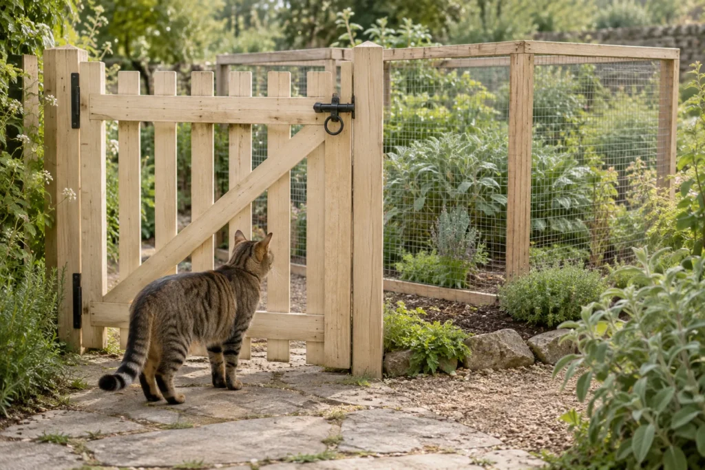 Chat tigré près d’un portail de jardin en bois et d’une clôture grillagée dans un jardin verdoyant.