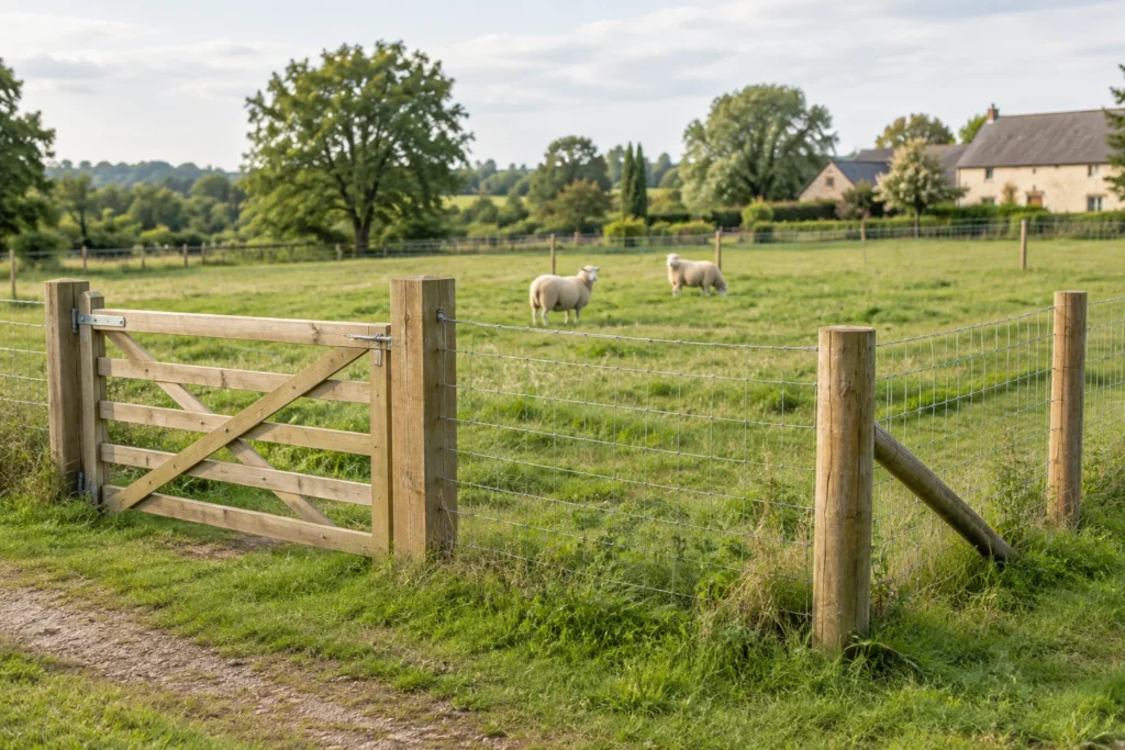 Portail en bois et clôture grillagée autour d’un pré verdoyant avec deux moutons.
