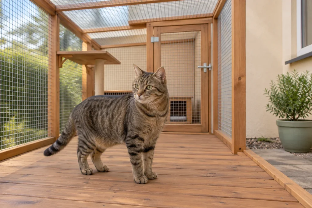Un chat tigré brun se tient sur une terrasse en bois, dans un enclos doté de parois grillagées, d’un toit grillagé et d’une porte.