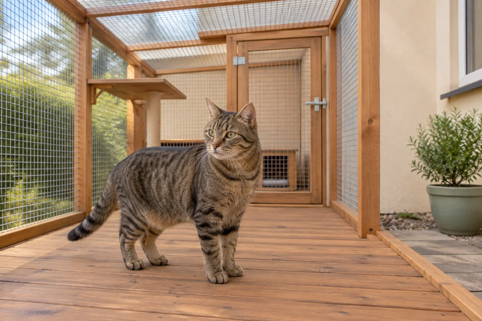 Un chat tigré brun se tient sur une terrasse en bois, dans un enclos doté de parois grillagées, d’un toit grillagé et d’une porte.